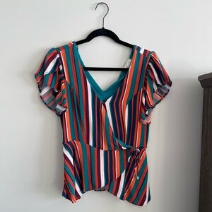 Striped V-Neck Faux Wrap Blouse